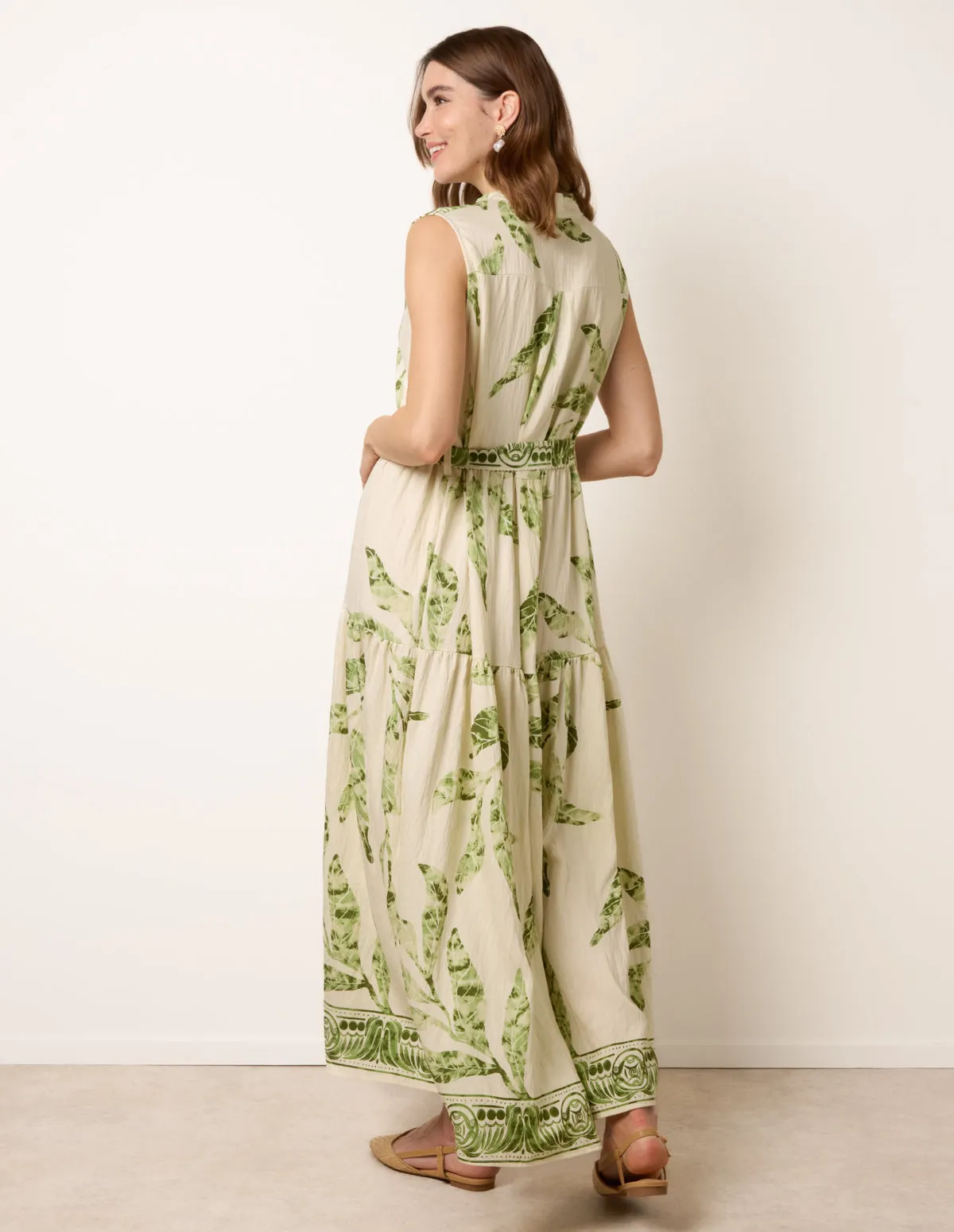 Leaf Print Collarless Shirt Dress With Belted Waist sold by Blue Vanilla product image thumbnail 4