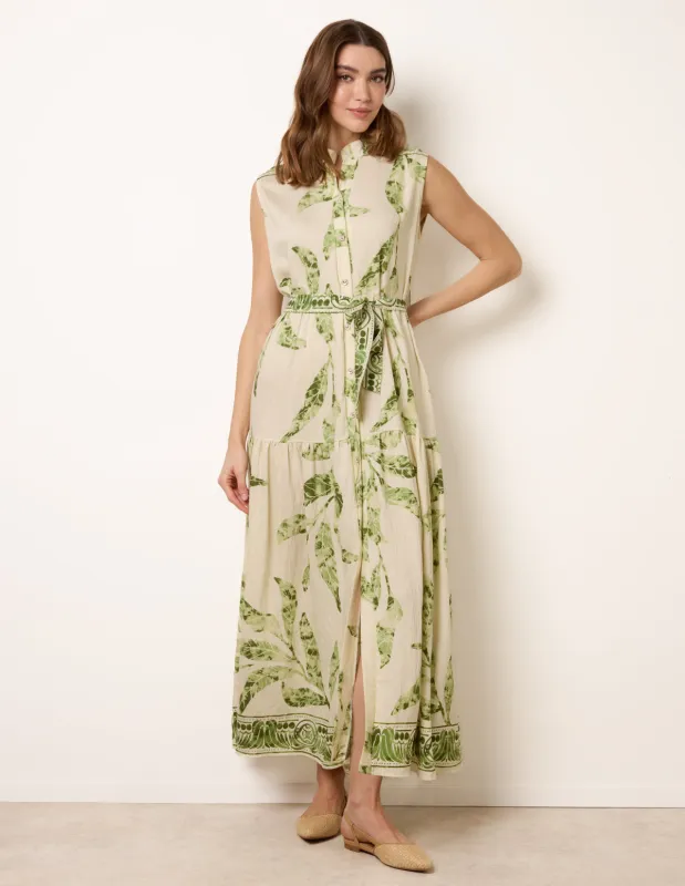 Leaf Print Collarless Shirt Dress With Belted Waist made by Blue Vanilla