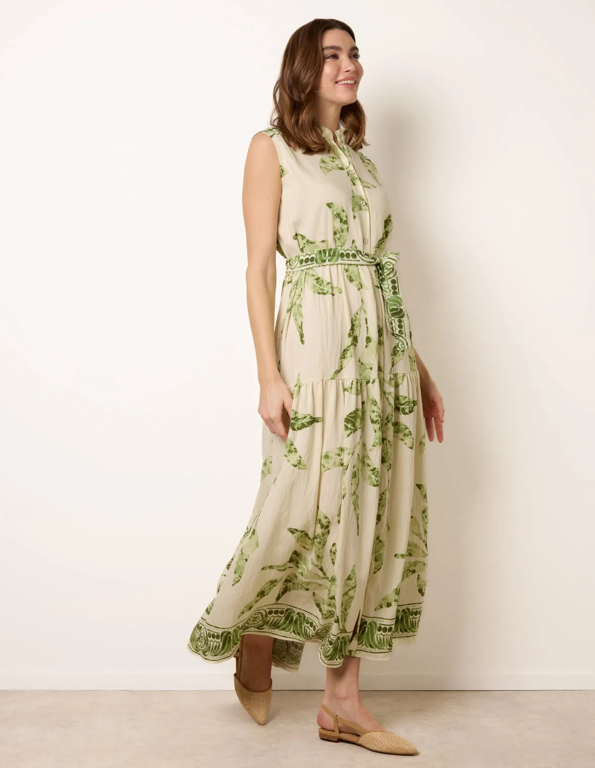 Leaf Print Collarless Shirt Dress With Belted Waist sold by Blue Vanilla product image thumbnail 3