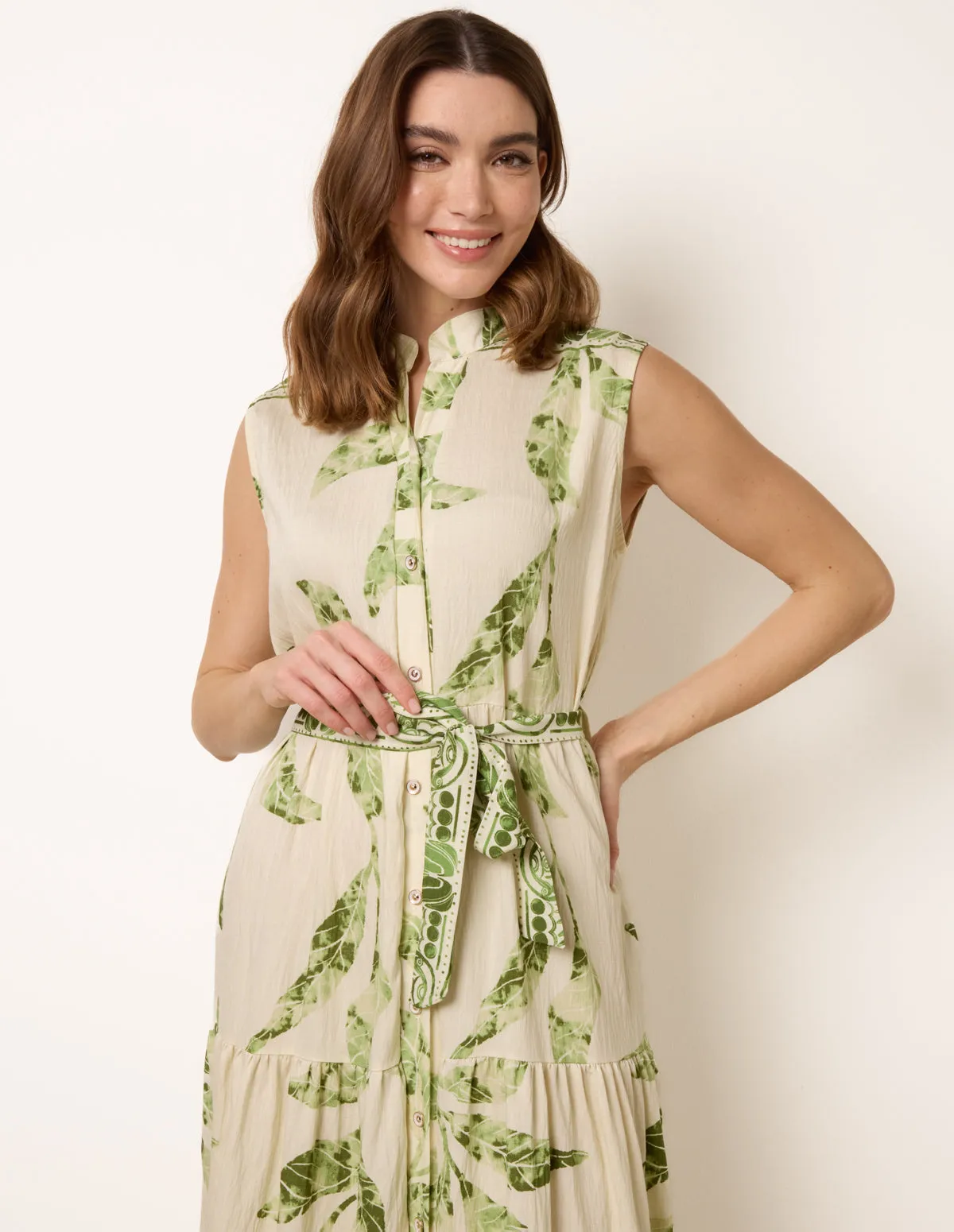 Leaf Print Collarless Shirt Dress With Belted Waist sold by Blue Vanilla product image thumbnail 2