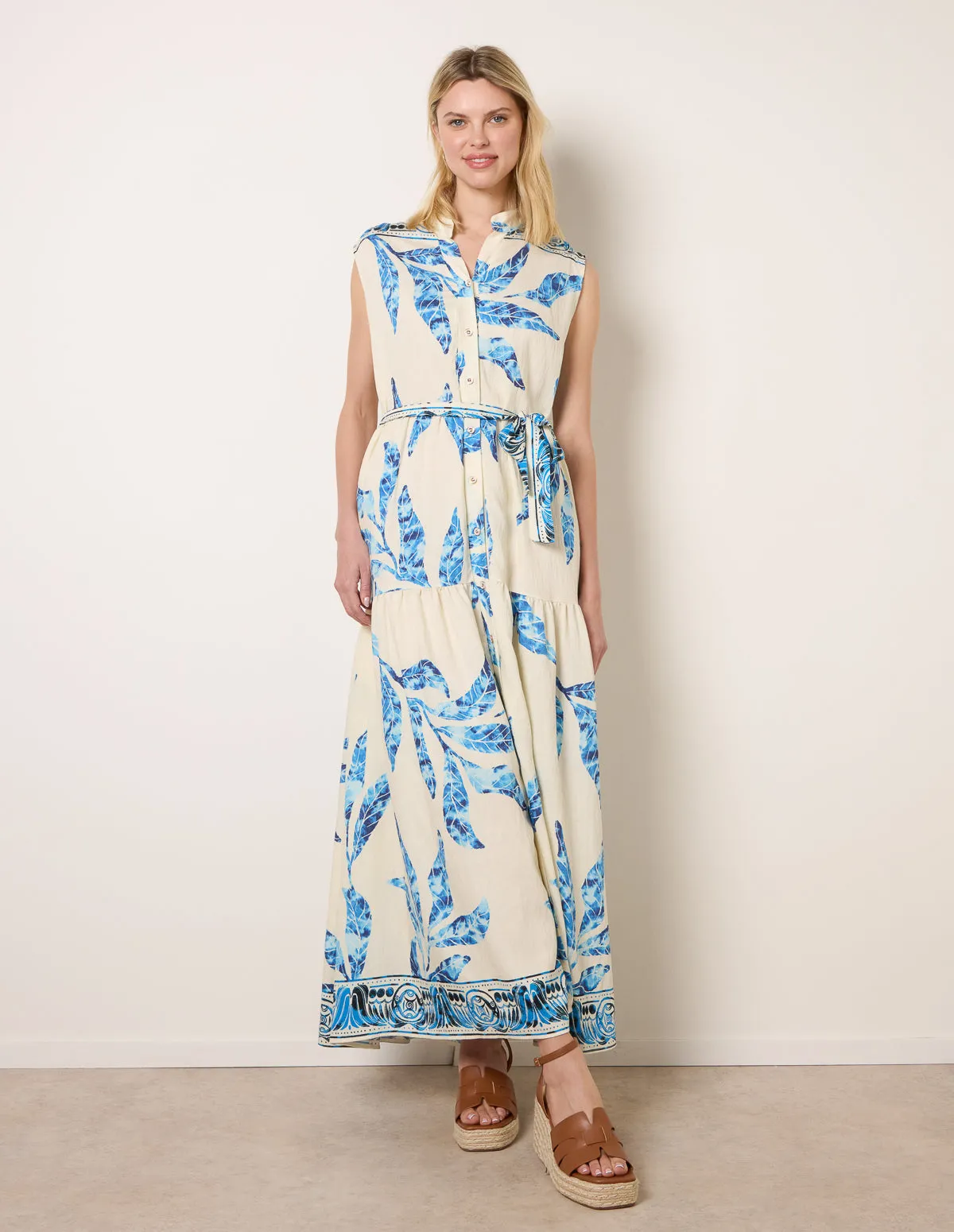 Leaf Print Collarless Shirt Dress With Belted Waist sold by Blue Vanilla product image thumbnail 3