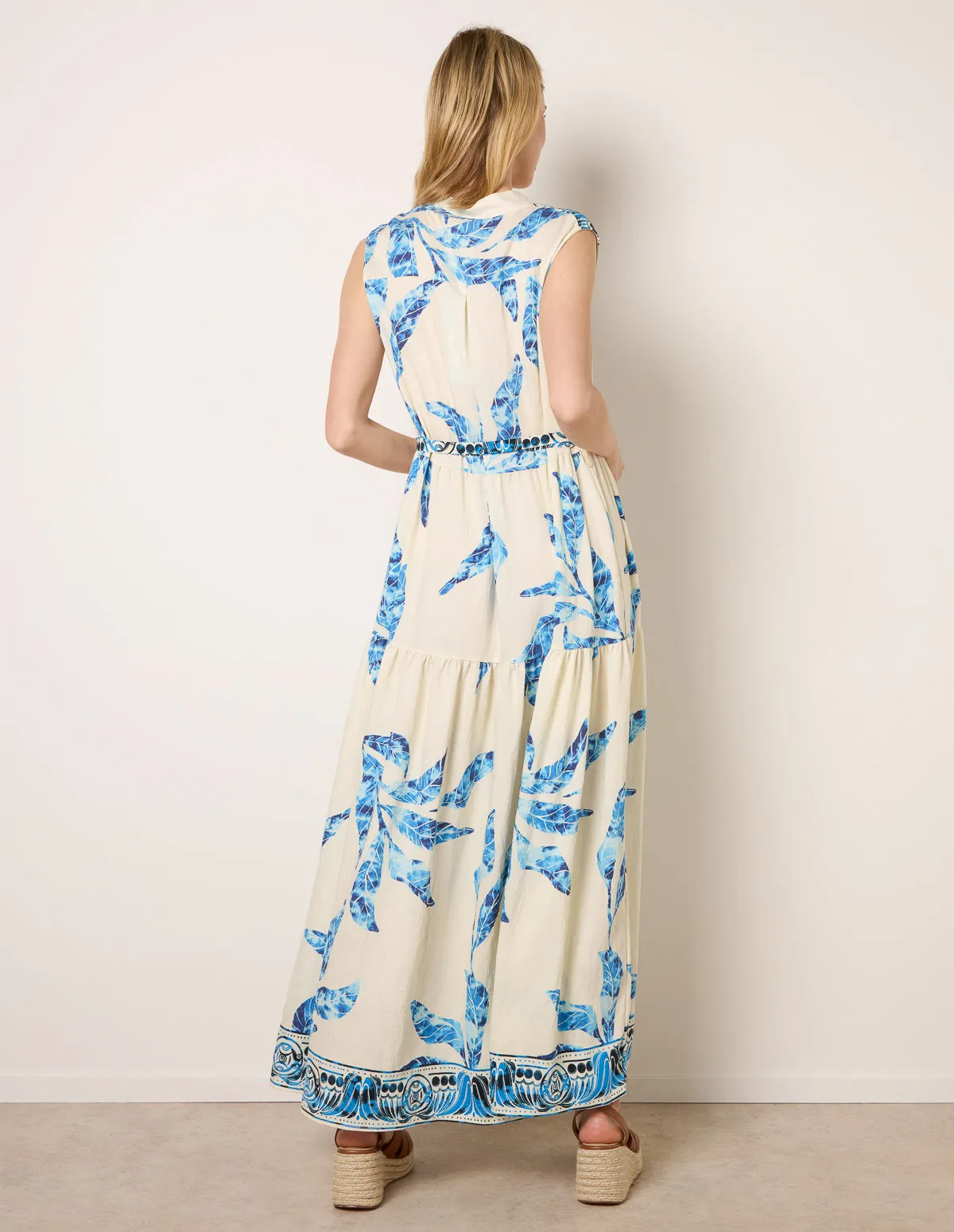 Leaf Print Collarless Shirt Dress With Belted Waist sold by Blue Vanilla product image thumbnail 4