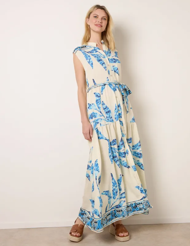 Leaf Print Collarless Shirt Dress With Belted Waist made by Blue Vanilla