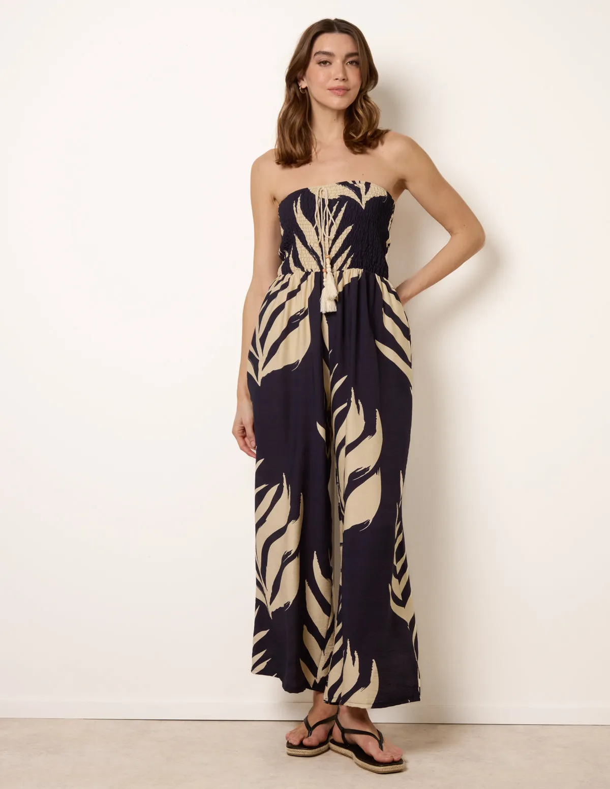 Printed Bandeau Tie Neck Shirred Jumpsuit sold by Blue Vanilla