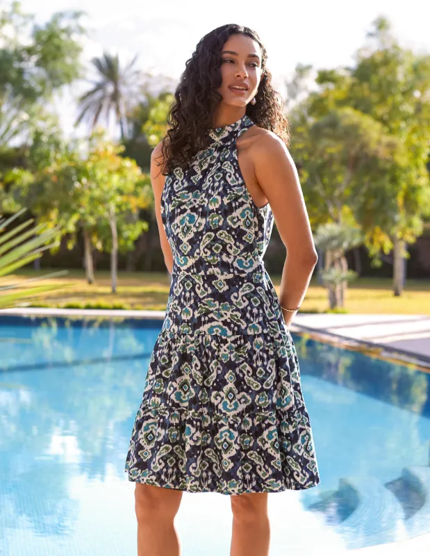 Tiered Halter Neck Aztec Belted Mini Dress made by Blue Vanilla