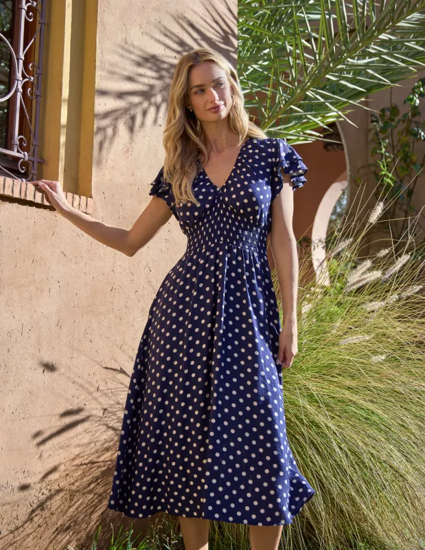 Polka Dot Elastic V Neck Midi Dress made by Blue Vanilla