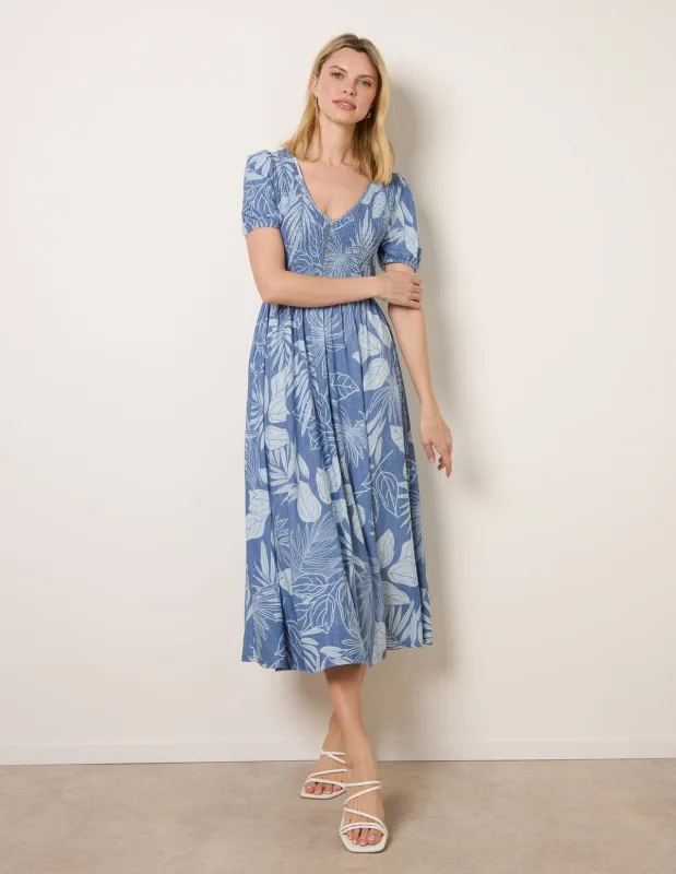 Shirred Button V Neck Midi Dress made by Blue Vanilla