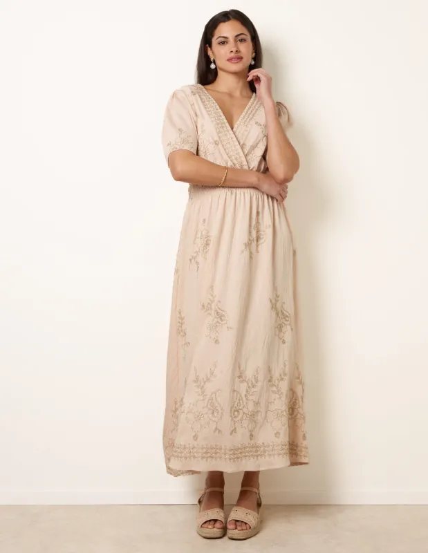 Wrap Front Metallic Embroidery Floral Dress made by Blue Vanilla