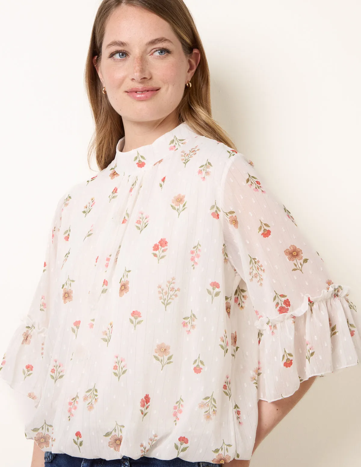 High Neck Frill Sleeve Dobby Floral Print Puffball Blouse sold by Blue Vanilla product image thumbnail 2