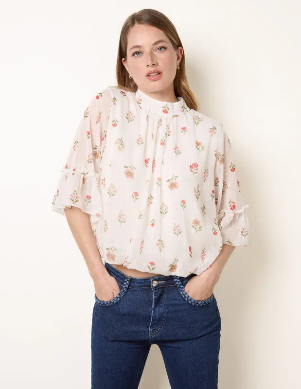 High Neck Frill Sleeve Dobby Floral Print Puffball Blouse made by Blue Vanilla