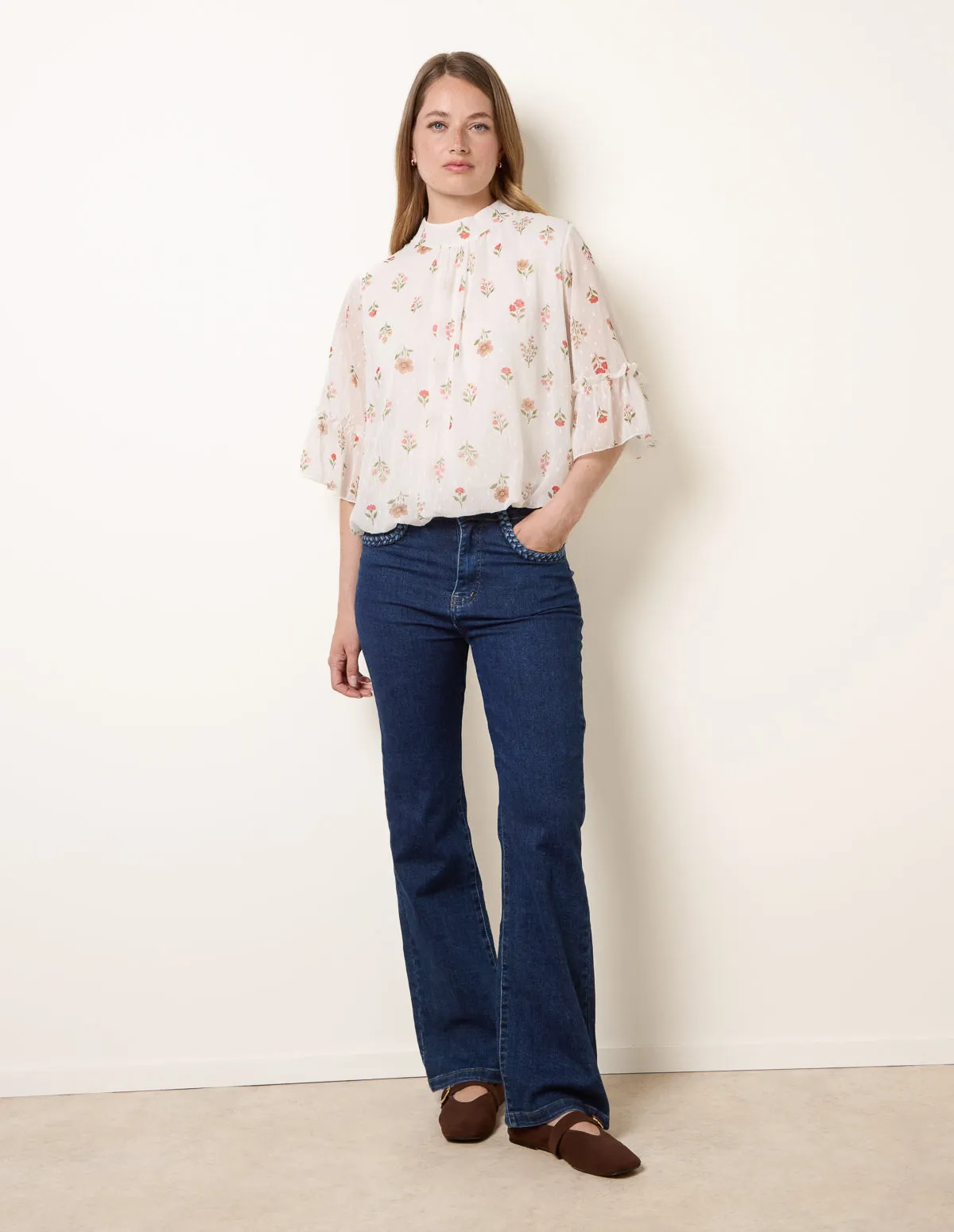 High Neck Frill Sleeve Dobby Floral Print Puffball Blouse sold by Blue Vanilla product image thumbnail 3