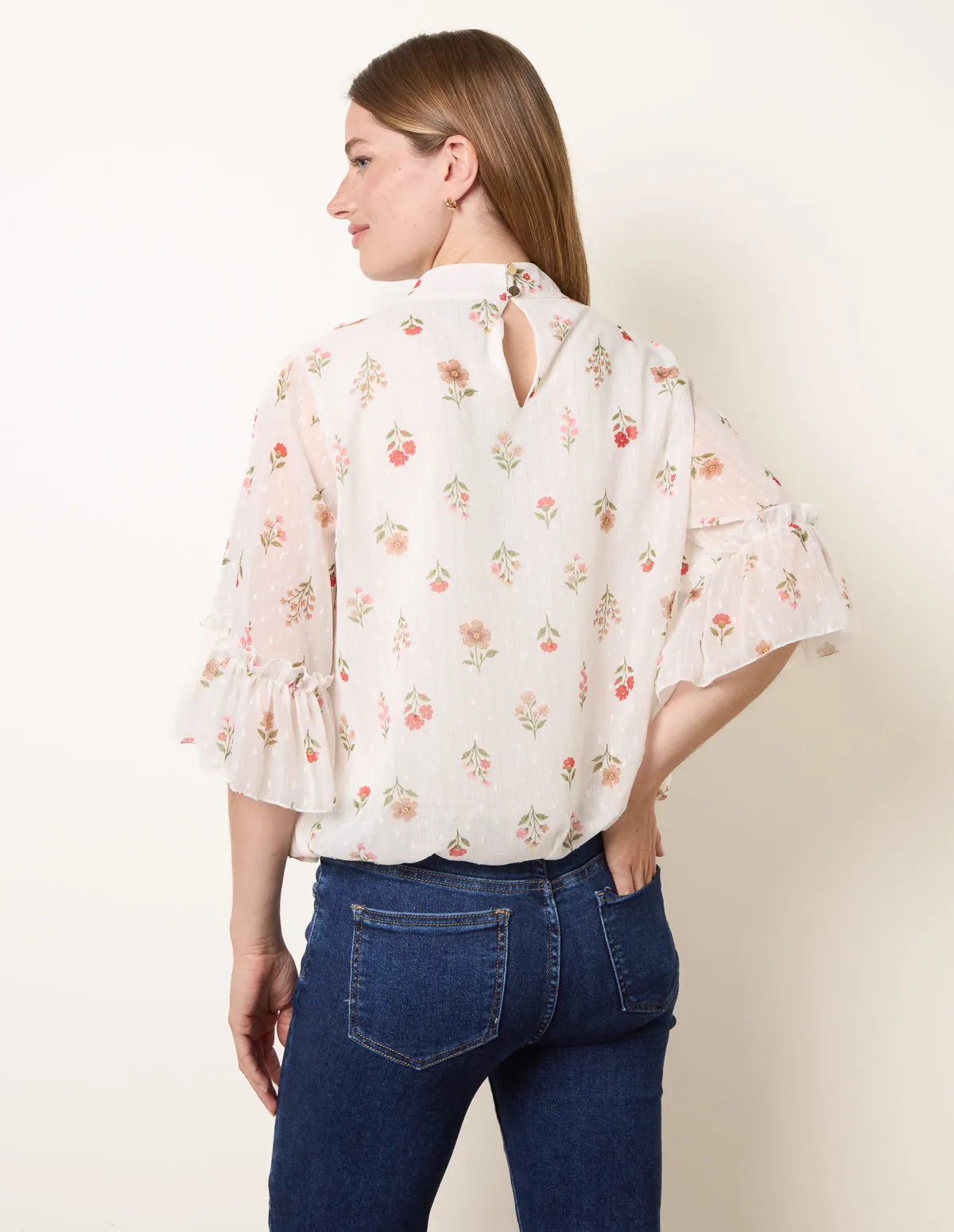 High Neck Frill Sleeve Dobby Floral Print Puffball Blouse sold by Blue Vanilla product image thumbnail 4