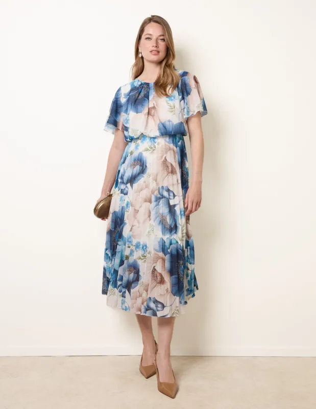 Pleated Scoop Neck Short Sleeve Floral Dress made by Blue Vanilla
