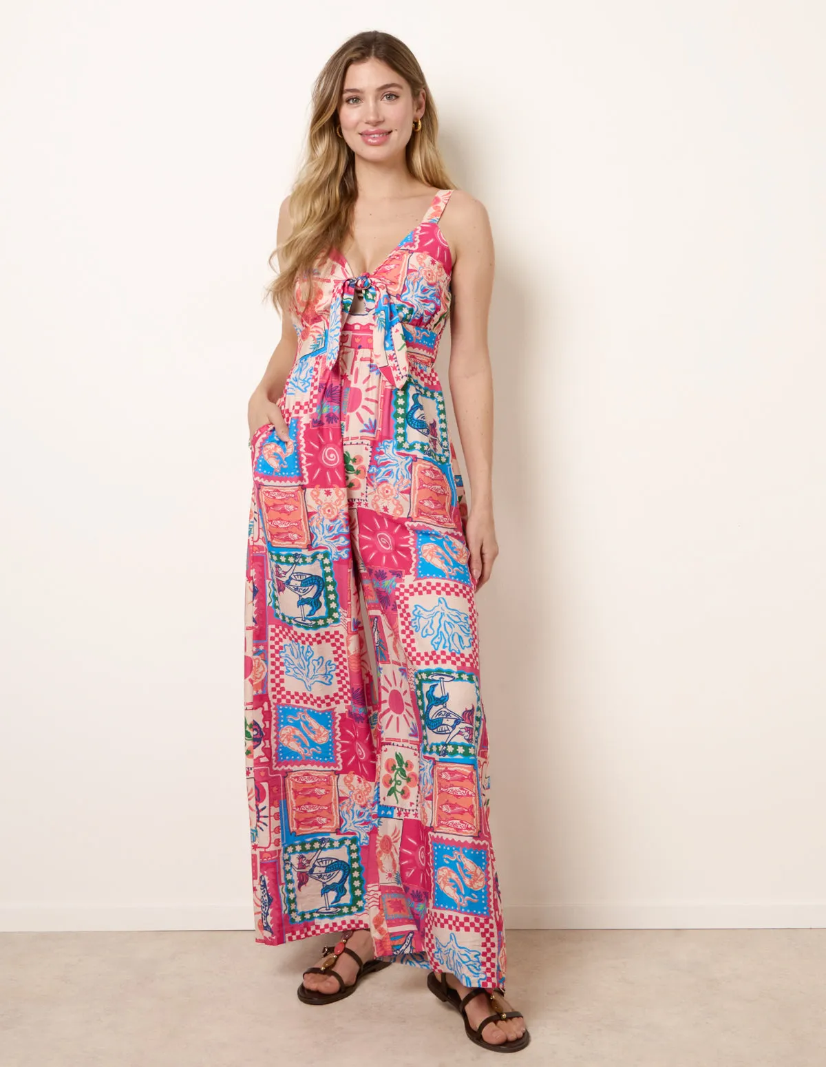 Tie Front Jumpsuit In Postcard Print sold by Blue Vanilla product image thumbnail 3