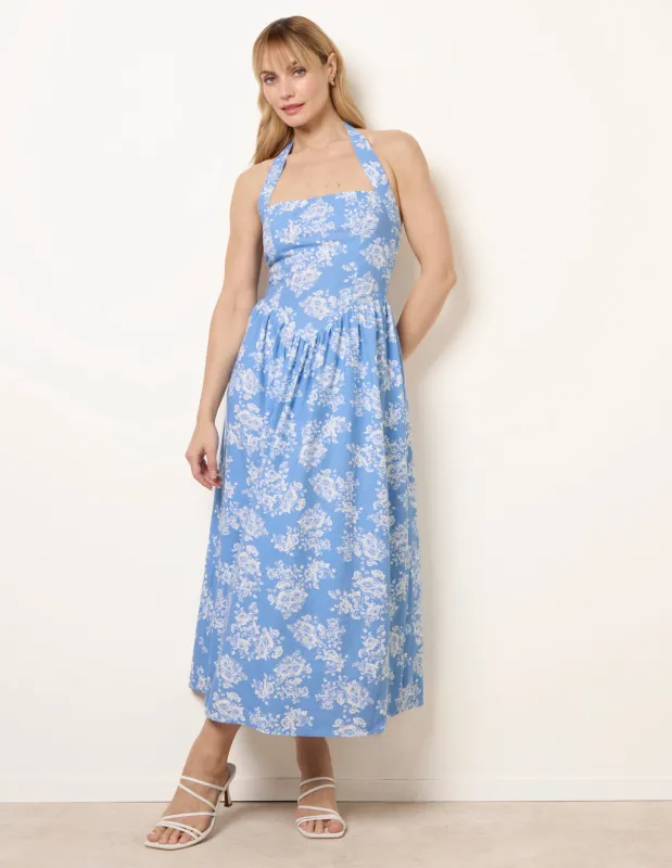 Ditsy Floral V Waist Halter Midi Dress made by Blue Vanilla