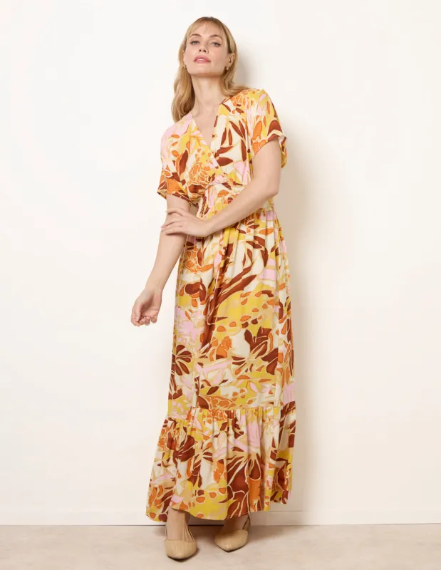 Tropical V Front Shirred Waist Maxi Dress made by Blue Vanilla