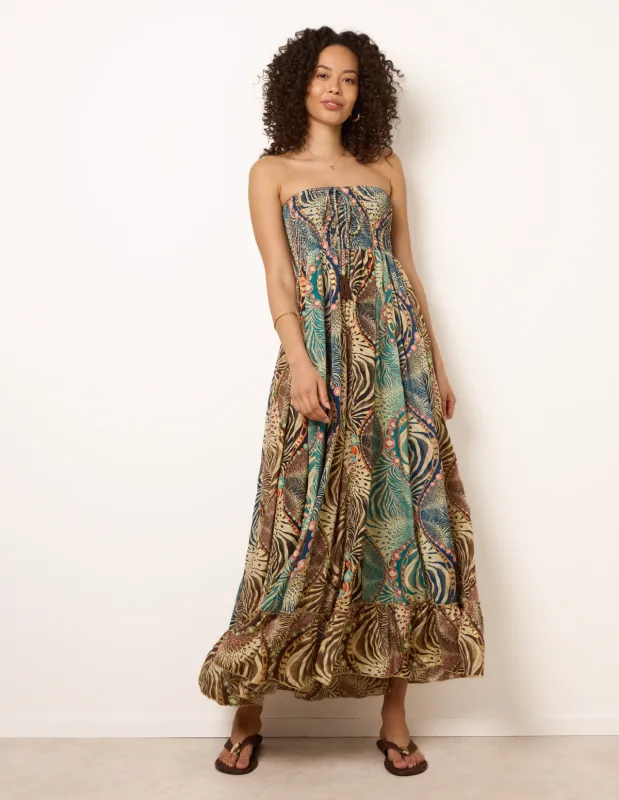 Bold Print Bandeau Shirred Maxi Dress made by Blue Vanilla