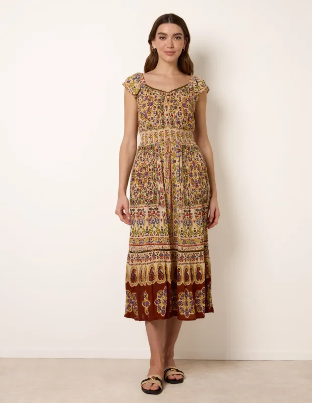 V Neck Embroidery Trim Paisley Maxi Dress made by Blue Vanilla
