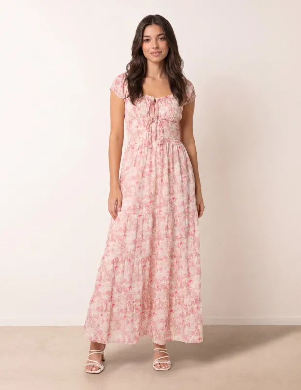 Double Front Tie Shirred Ditsy Floral Maxi Dress made by Blue Vanilla