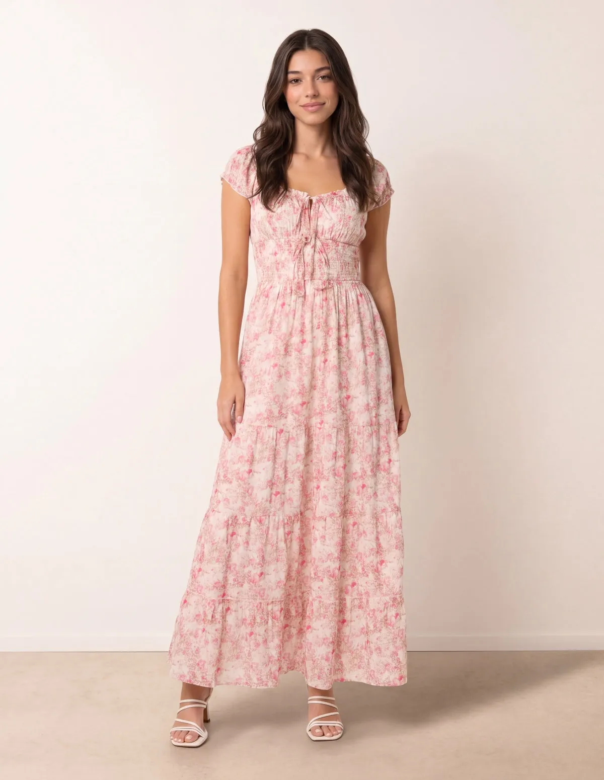 Double Front Tie Shirred Ditsy Floral Maxi Dress sold by Blue Vanilla