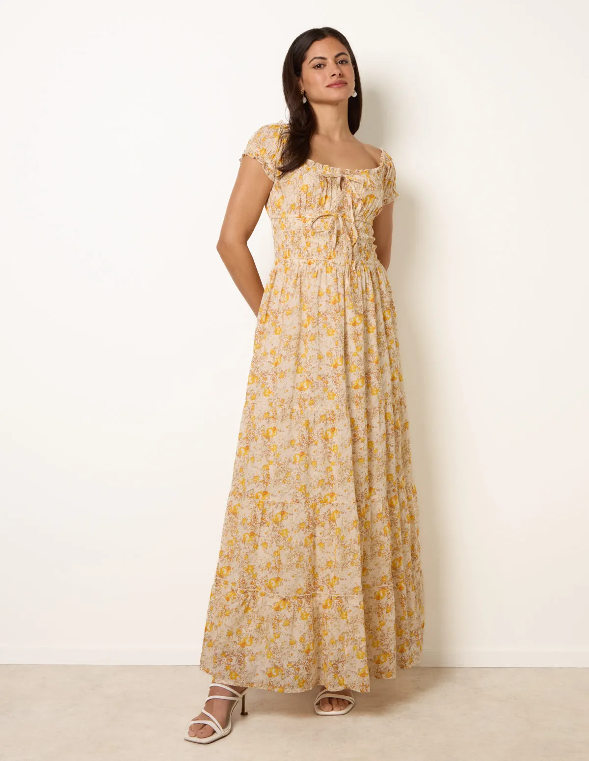 Double Front Tie Shirred Ditsy Floral Maxi Dress sold by Blue Vanilla product image thumbnail 3