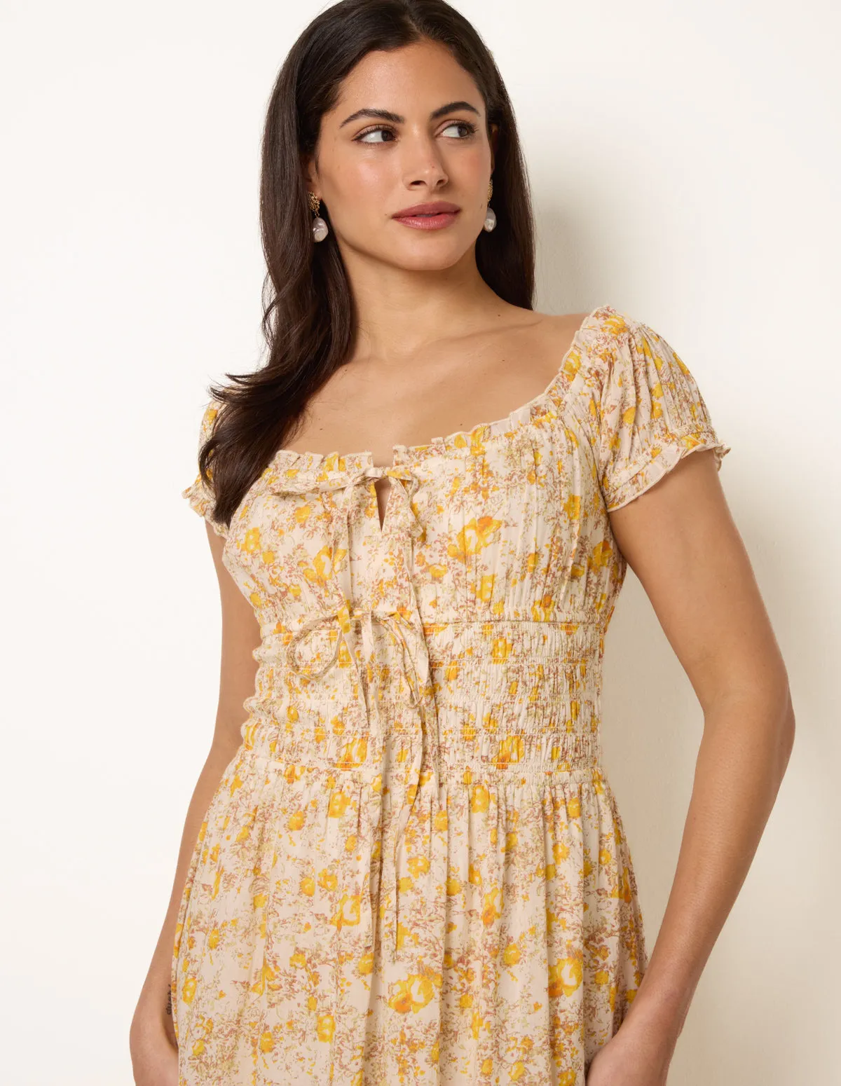 Double Front Tie Shirred Ditsy Floral Maxi Dress sold by Blue Vanilla product image thumbnail 2
