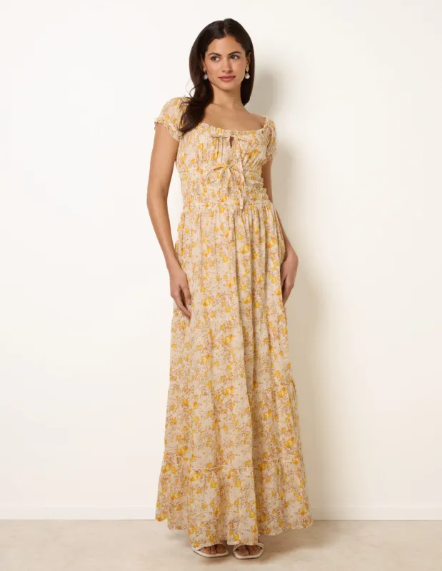 Double Front Tie Shirred Ditsy Floral Maxi Dress made by Blue Vanilla