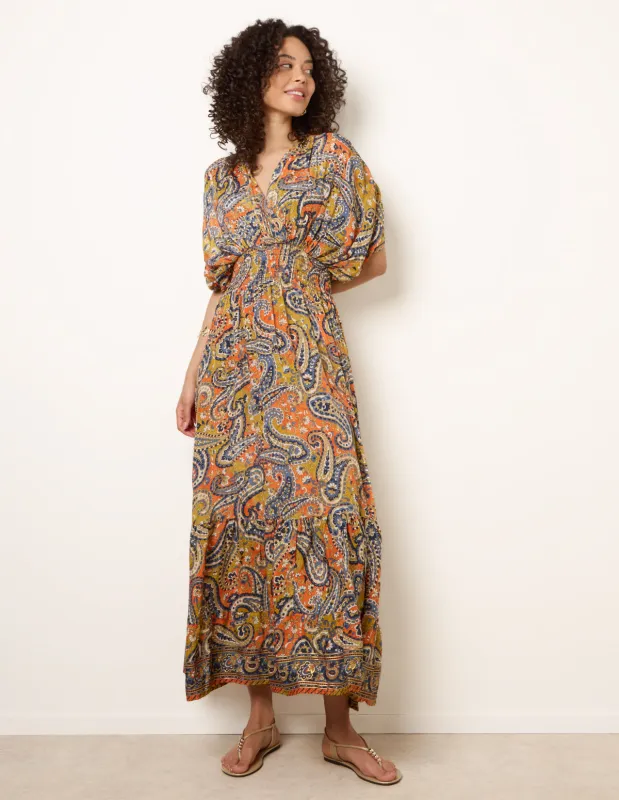 Gathered Sleeve V-Neck Maxi Dress made by Blue Vanilla