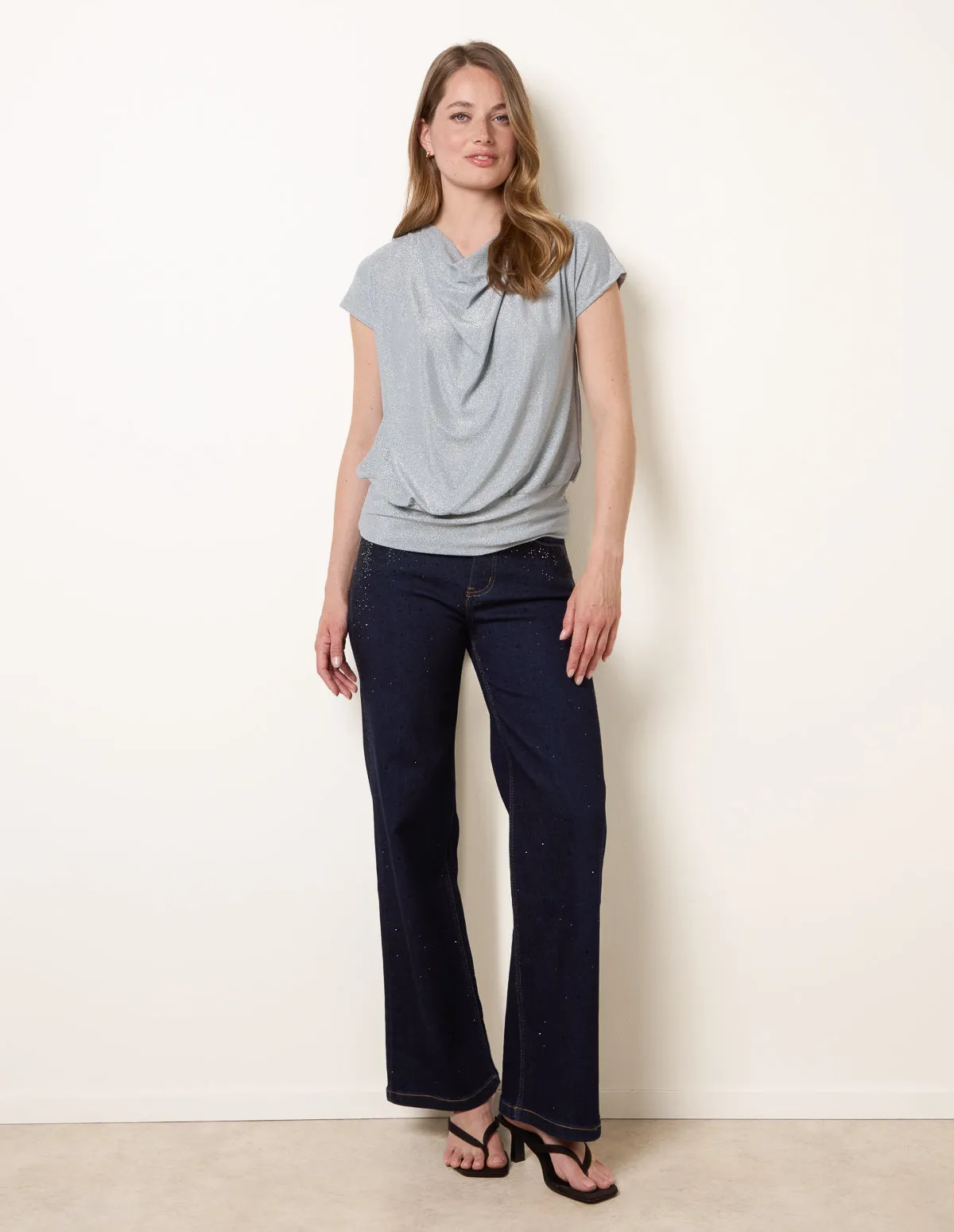 Metallic Cowl Neck Draped Top sold by Blue Vanilla