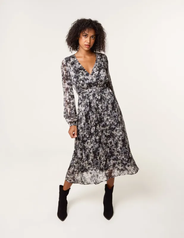 Printed Metallic Buckle Belted Midi Dress made by Blue Vanilla