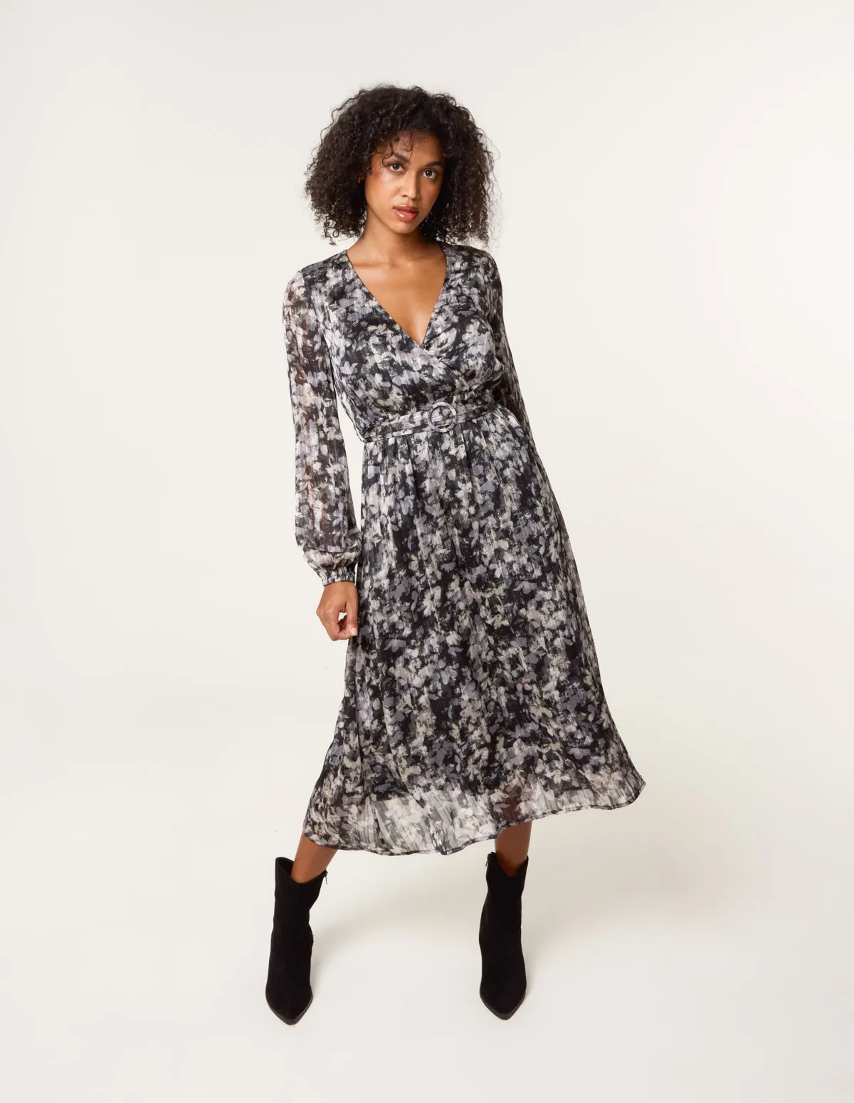 Printed Metallic Buckle Belted Midi Dress sold by Blue Vanilla