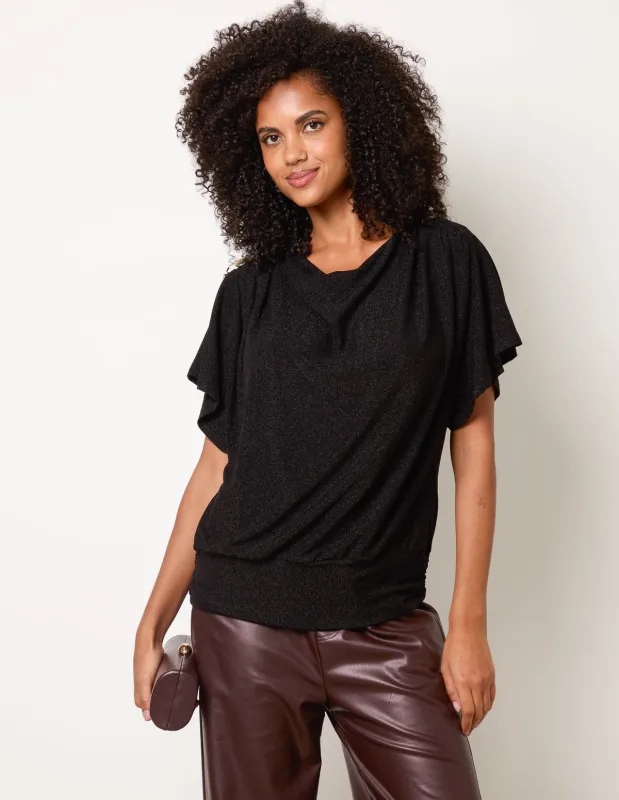 Button Detail Draped Cowl Neck Top made by Blue Vanilla