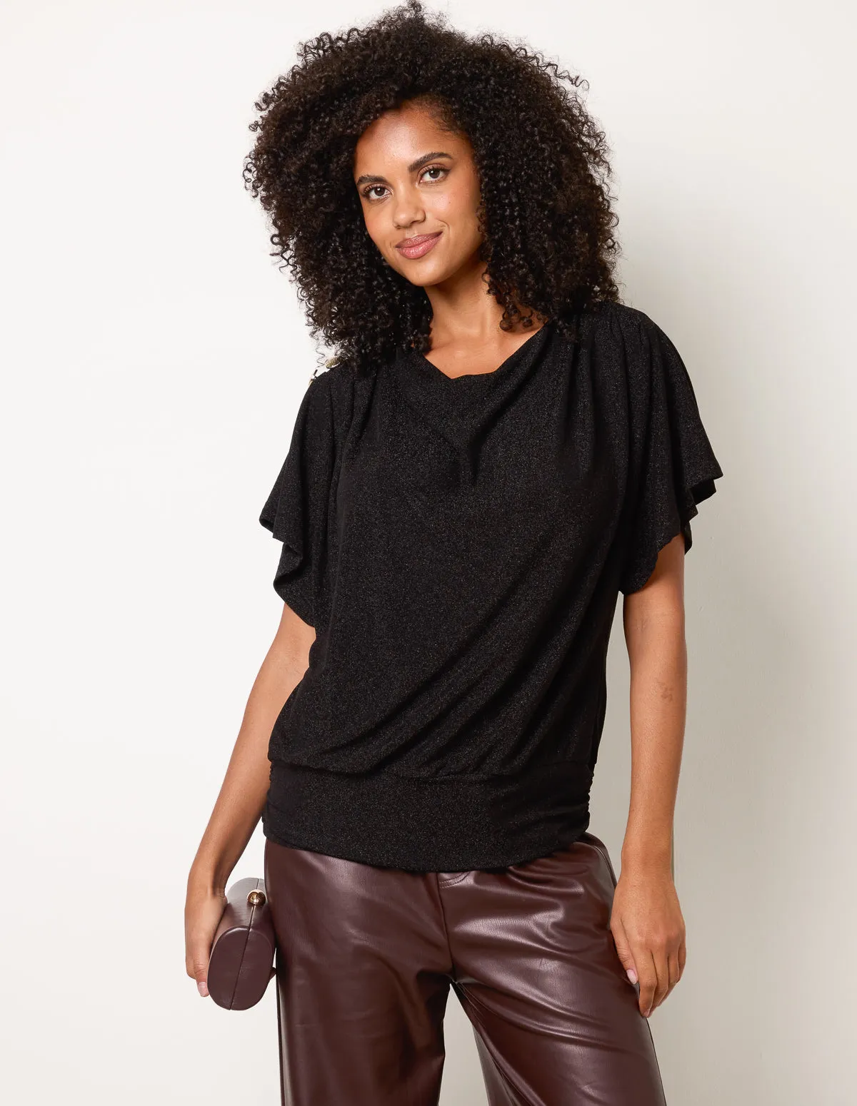 Button Detail Draped Cowl Neck Top sold by Blue Vanilla