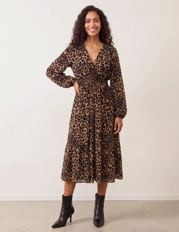 Animal Print Long Sleeve V Neck Shirred Midi Dress made by Blue Vanilla
