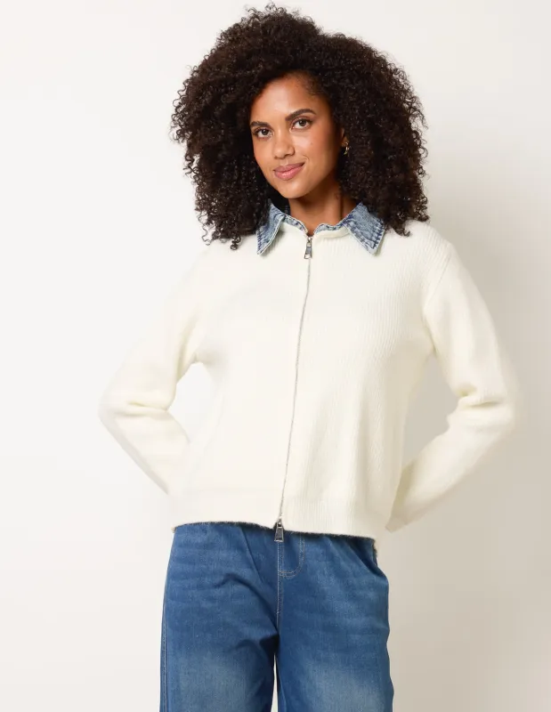 Knit Cardigan With Denim Collar Trim made by Blue Vanilla