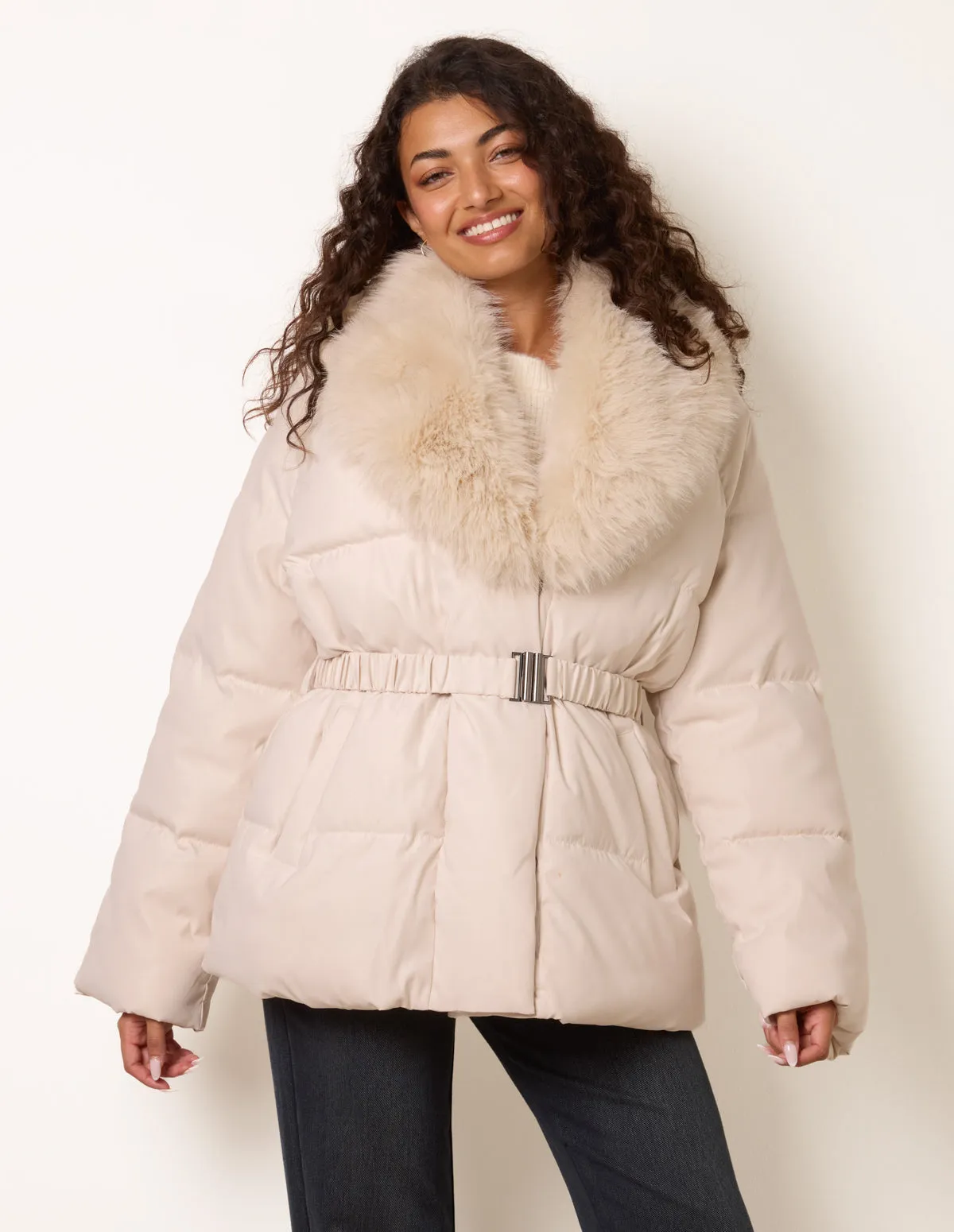 Shawl Faux Fur Collar Belted Short Puffer sold by Blue Vanilla