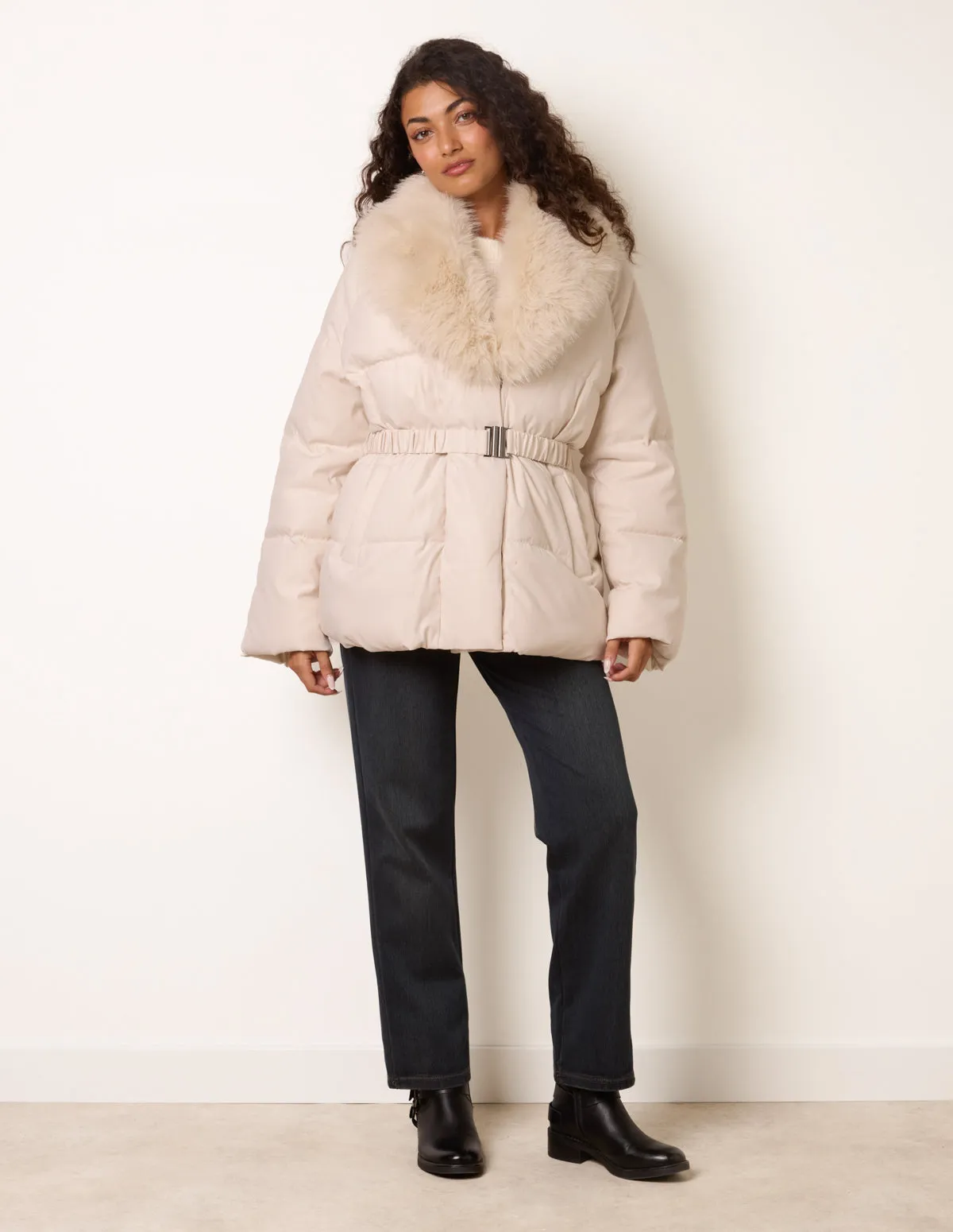 Shawl Faux Fur Collar Belted Short Puffer sold by Blue Vanilla product image thumbnail 3