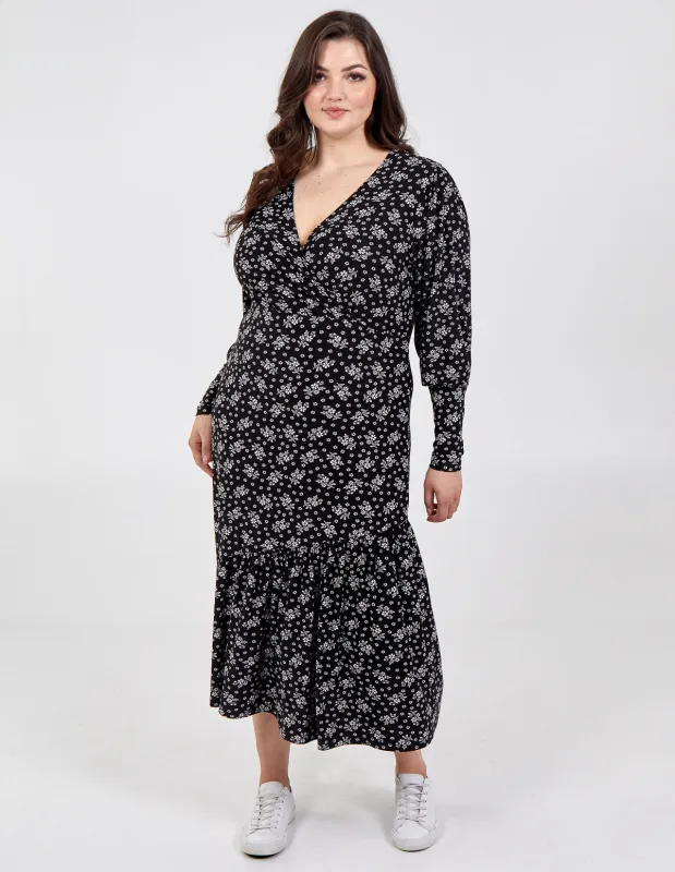 Curve V Neck Long Sleeve Smock Midi Dress made by Blue Vanilla