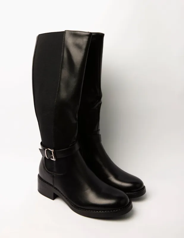 Buckle Detail Low Heel Long Boots made by Blue Vanilla