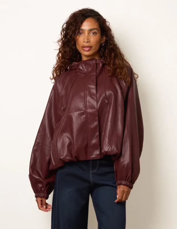 Hooded Leather Look Bomber Jacket made by Blue Vanilla
