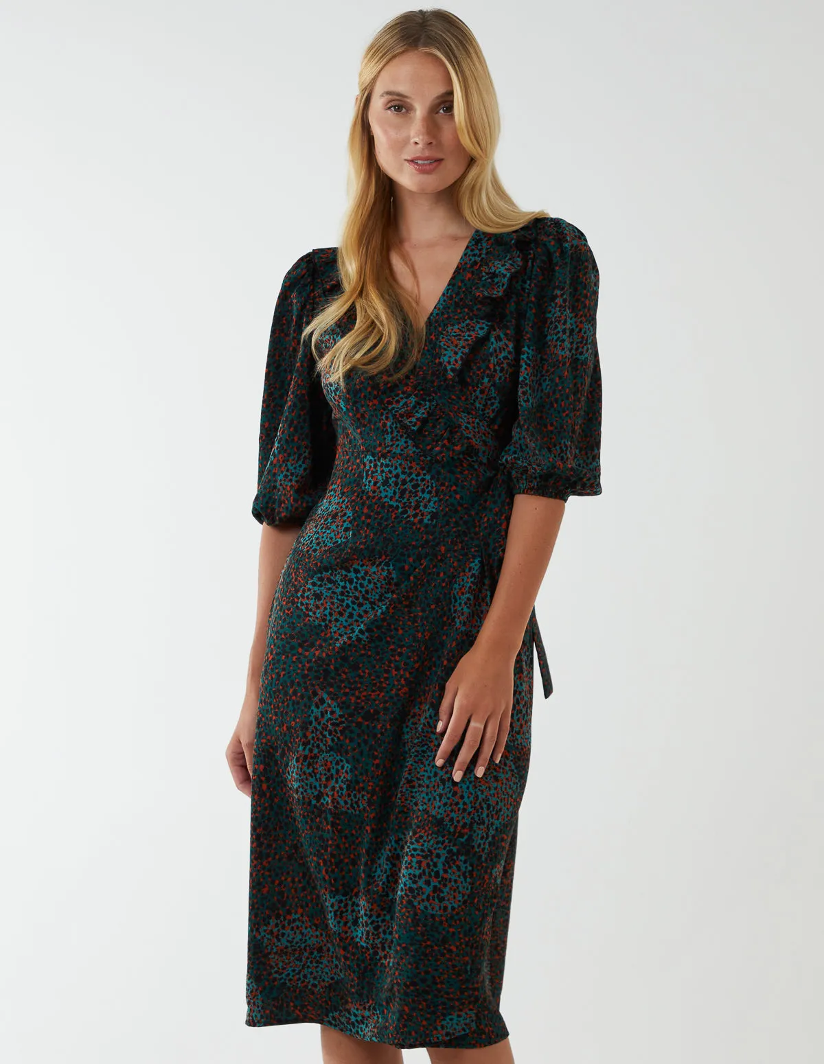 Ruffle Front Wrap Dress sold by Blue Vanilla