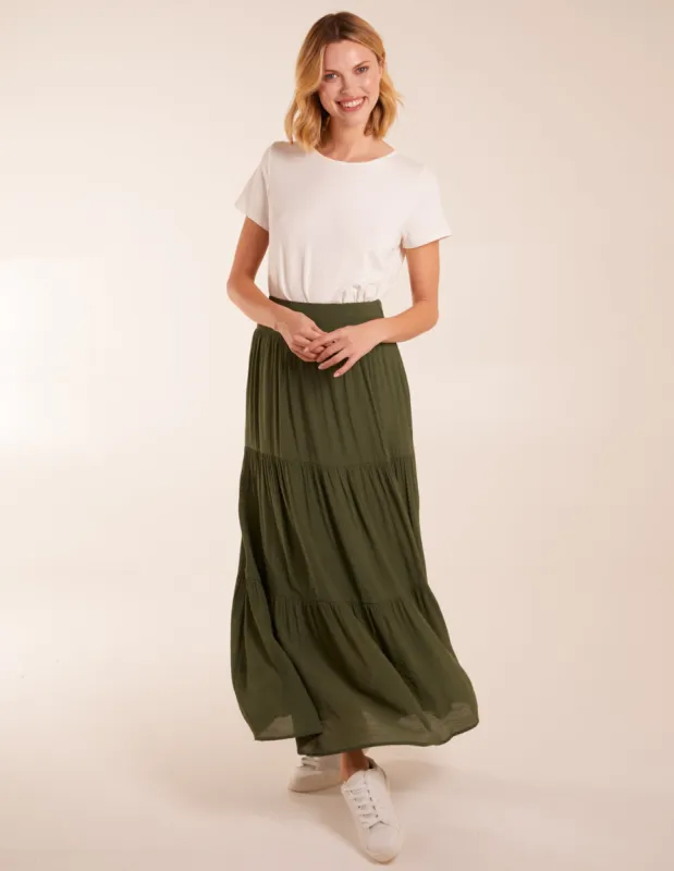 Shirring Waist Tiered Maxi Skirt sold by Blue Vanilla
