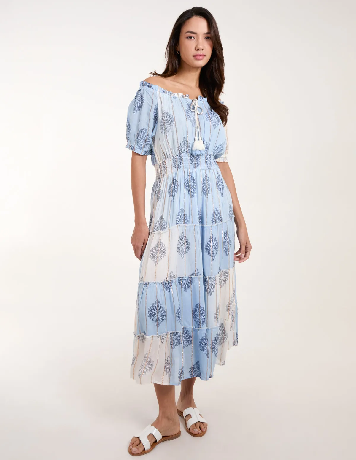 Printed Bardot Tassel Midi Dress sold by Blue Vanilla