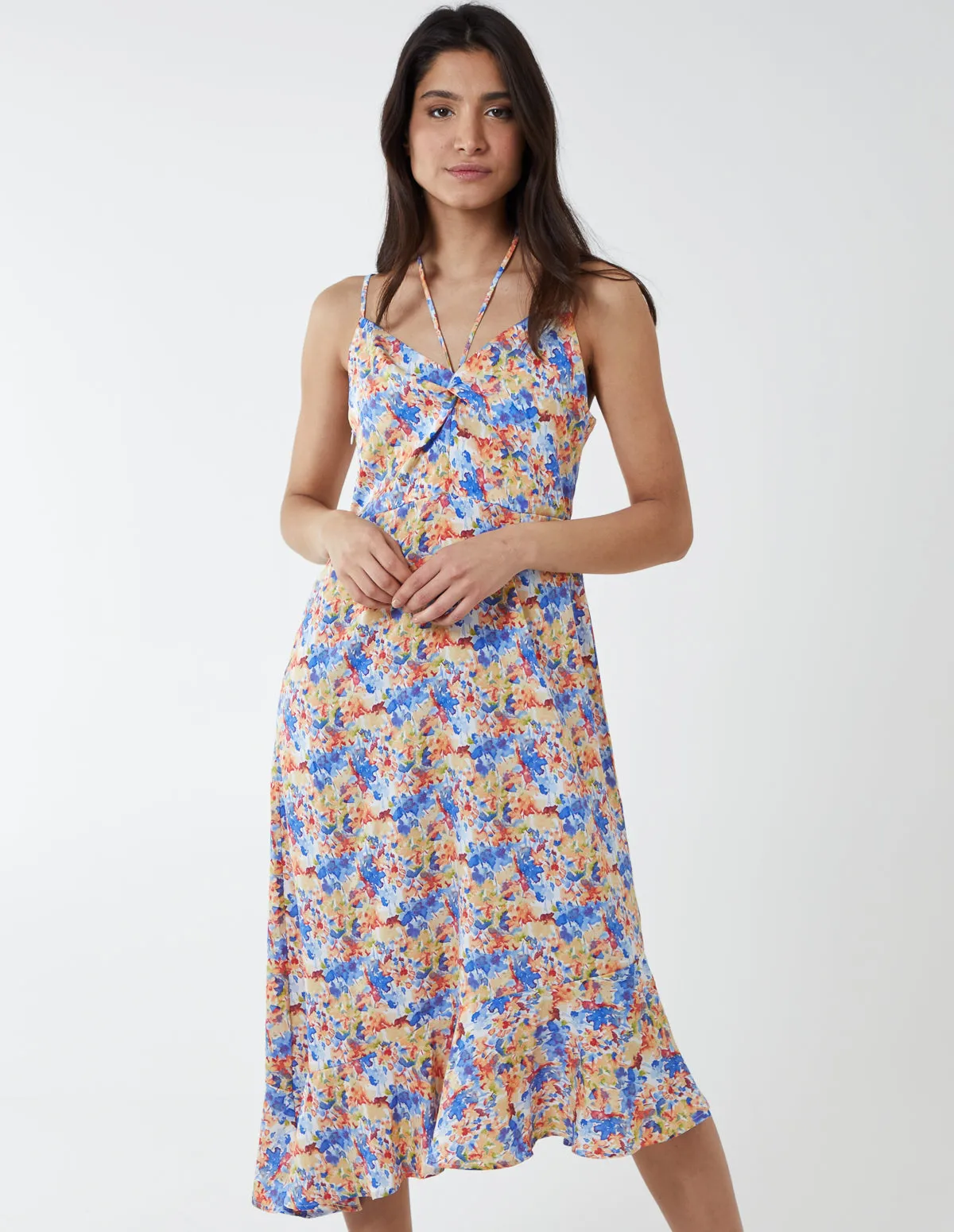 Twist Front Floral Print Midi Dress sold by Blue Vanilla