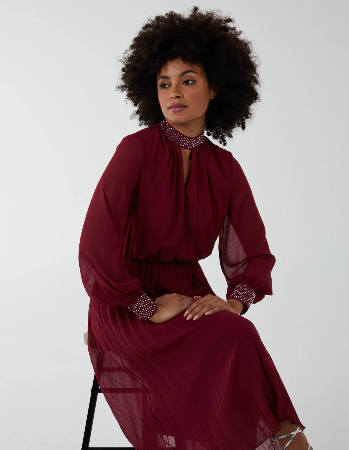 Diamante Collar Pleated Skirt Midi Dress sold by Blue Vanilla product image thumbnail 5