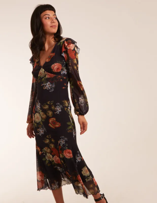 Godet Hem Frill Floral Cut Out Back Dress sold by Blue Vanilla