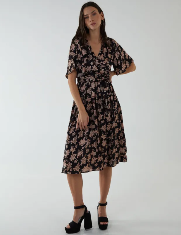 V-Neck Angel Sleeve Midi Dress made by Blue Vanilla
