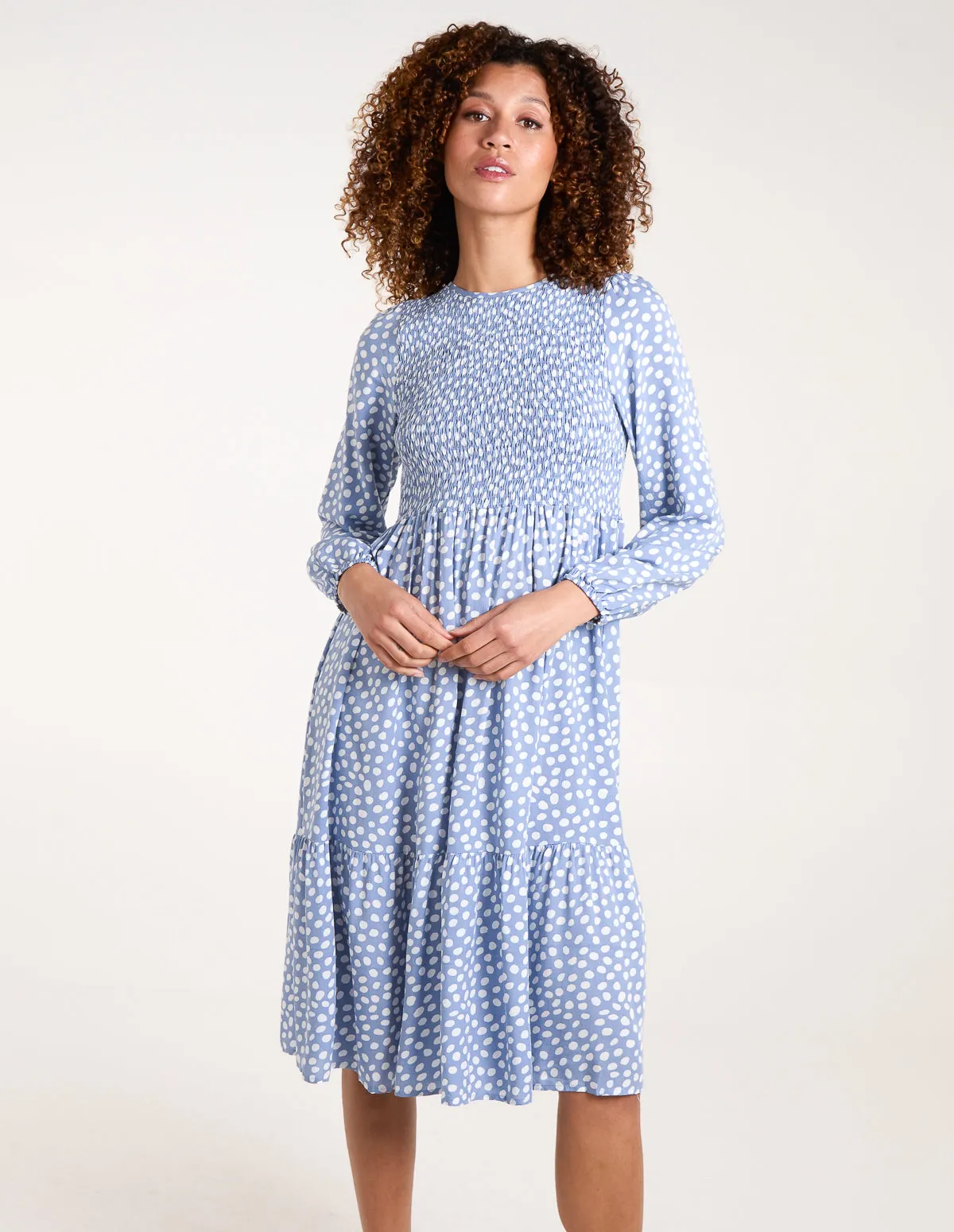 Shirred Bodice Balloon Sleeve Midi Dress sold by Blue Vanilla