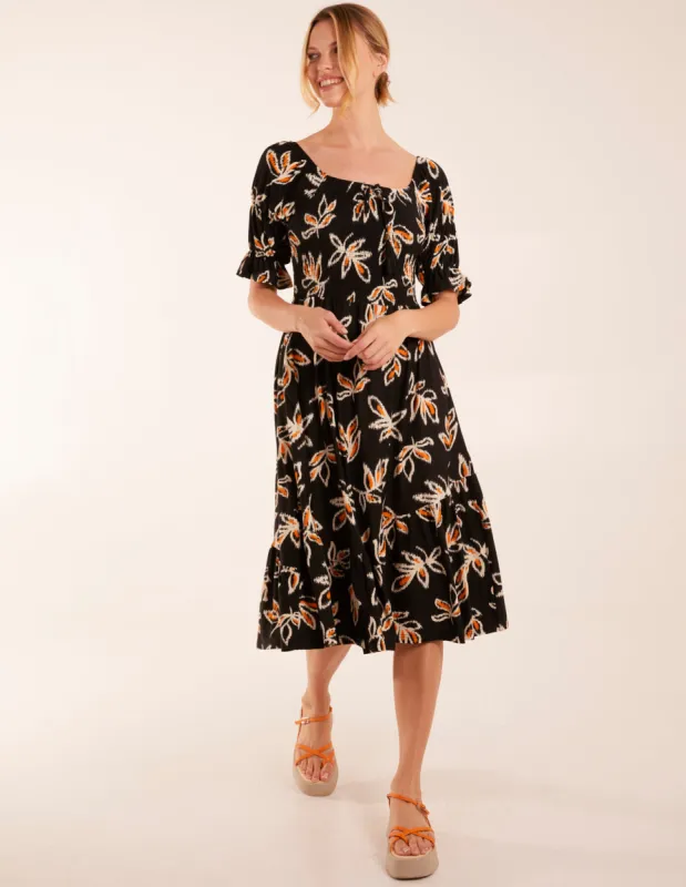 Milkmaid Tiered Puff Sleeve Abstract Print Shirred Midi Dress sold by Blue Vanilla