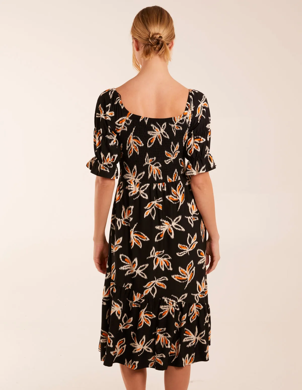 Milkmaid Tiered Puff Sleeve Abstract Print Shirred Midi Dress sold by Blue Vanilla product image thumbnail 4